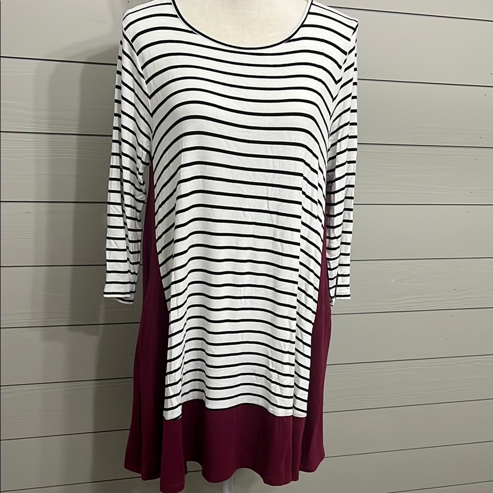 Striped Black and White Top with Burgundy Accents